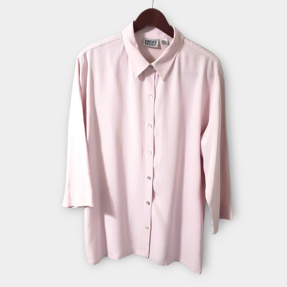 Chico's Design Blush Pink Silk Stretch Button Down Shirt Blouse Size 3 XL